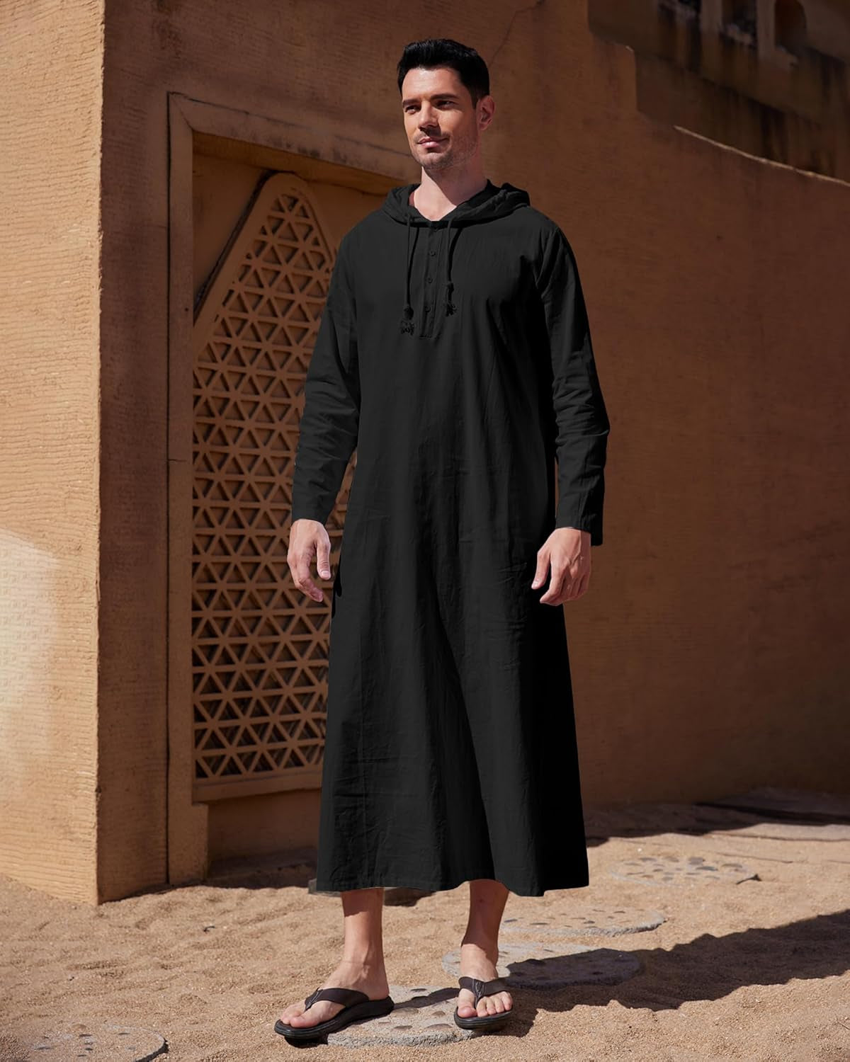 Men'S Kaftan Thobe Long Sleeve Abaya Long Gown Robe Muslim Robe with Hoodie