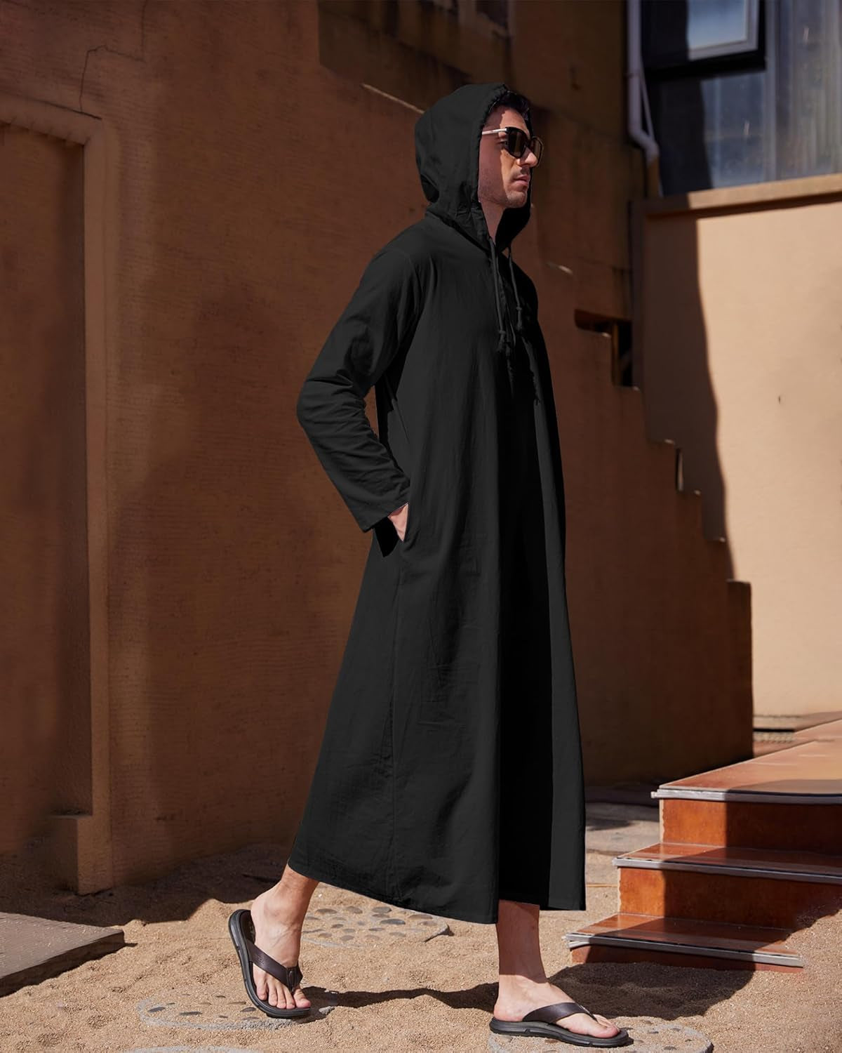 Men'S Kaftan Thobe Long Sleeve Abaya Long Gown Robe Muslim Robe with Hoodie